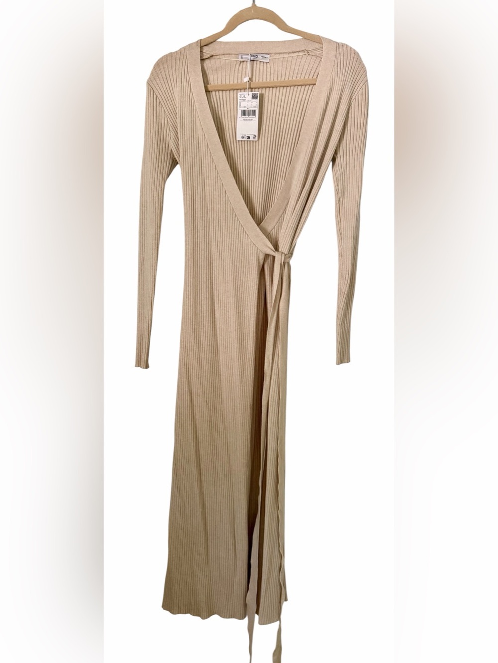 Mango Wrap Ribbed Dress NWT Size S Beige Knit Midi Long Sleeve Tie Waist
